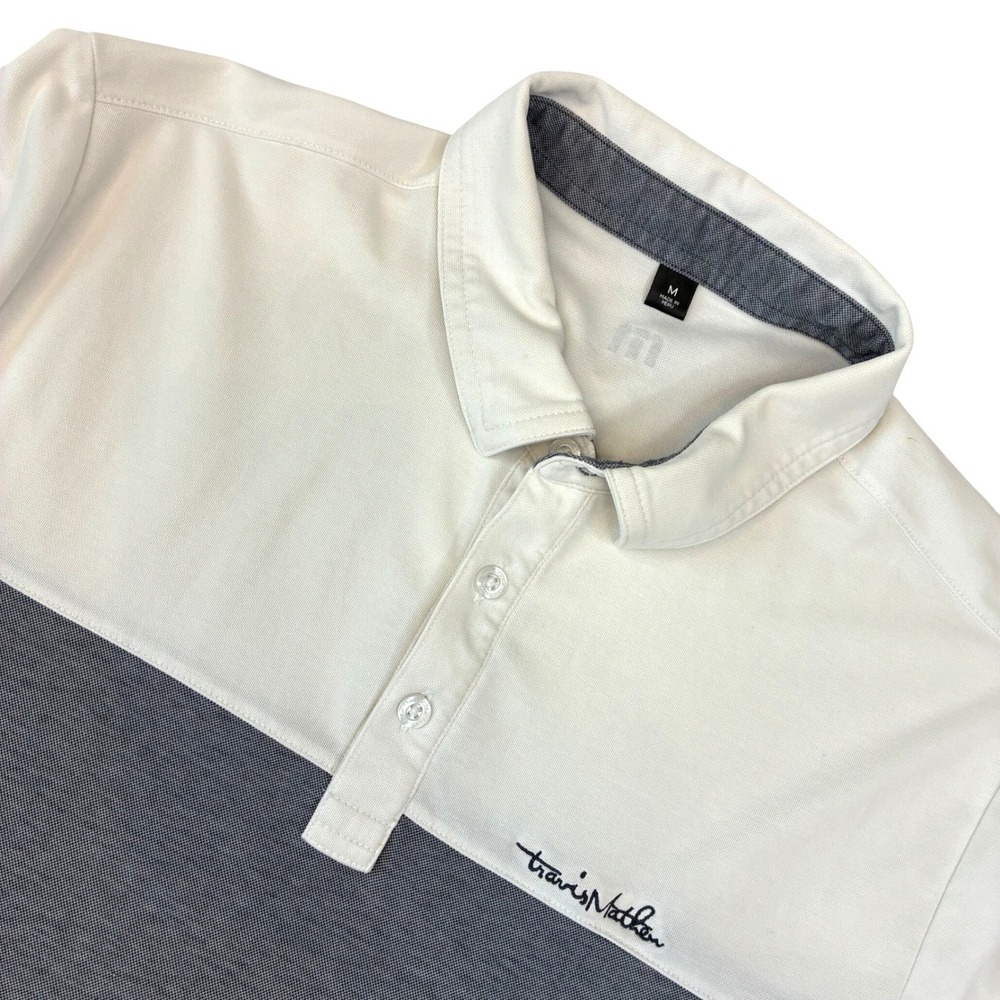 TravisMathew Polo Shirt Mens Medium White Grey Colorblock Pima Blend Golf Sport